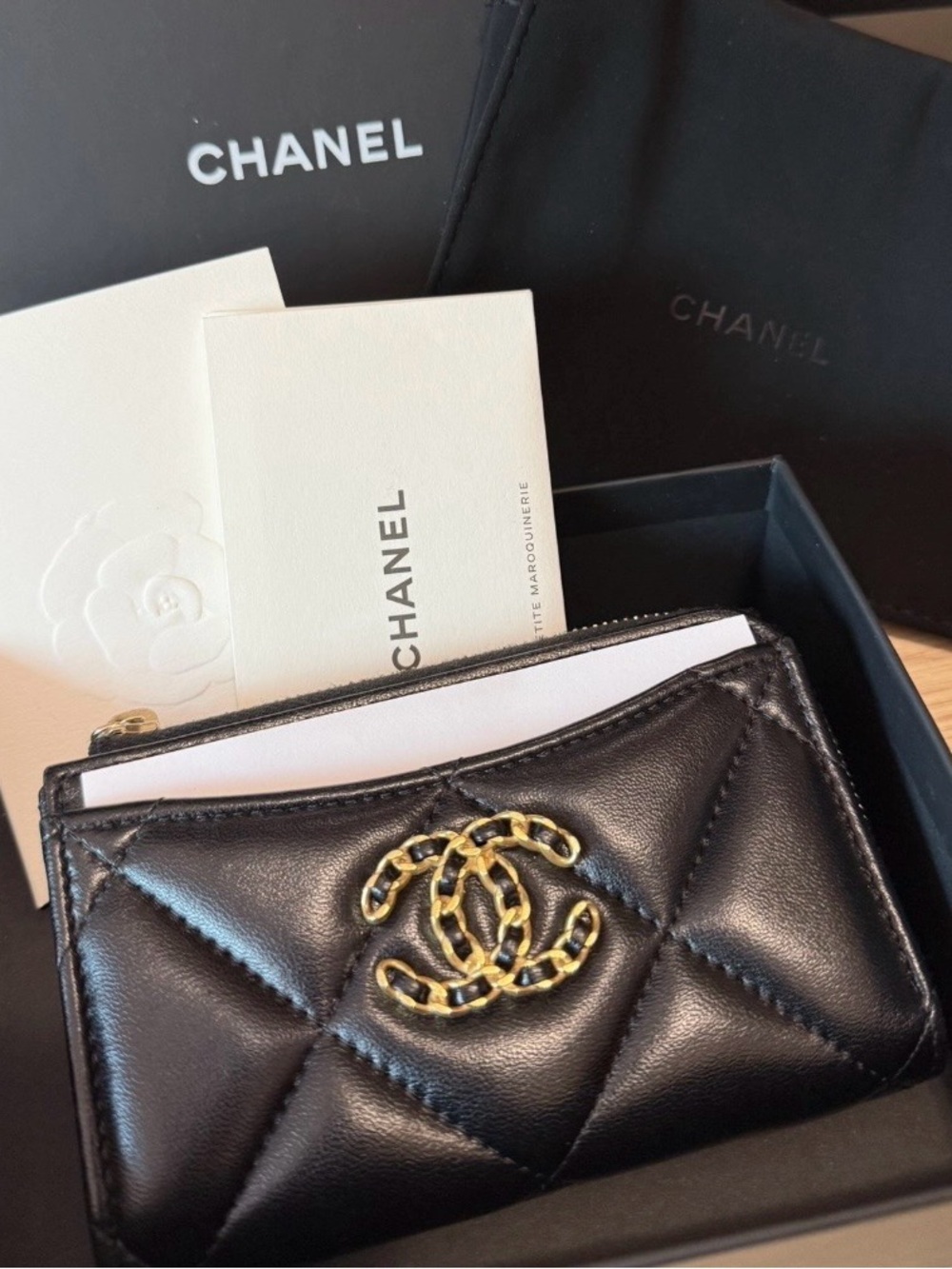CHANEL Black Quilted Leather Card Case with Gold Chain CC Emblem